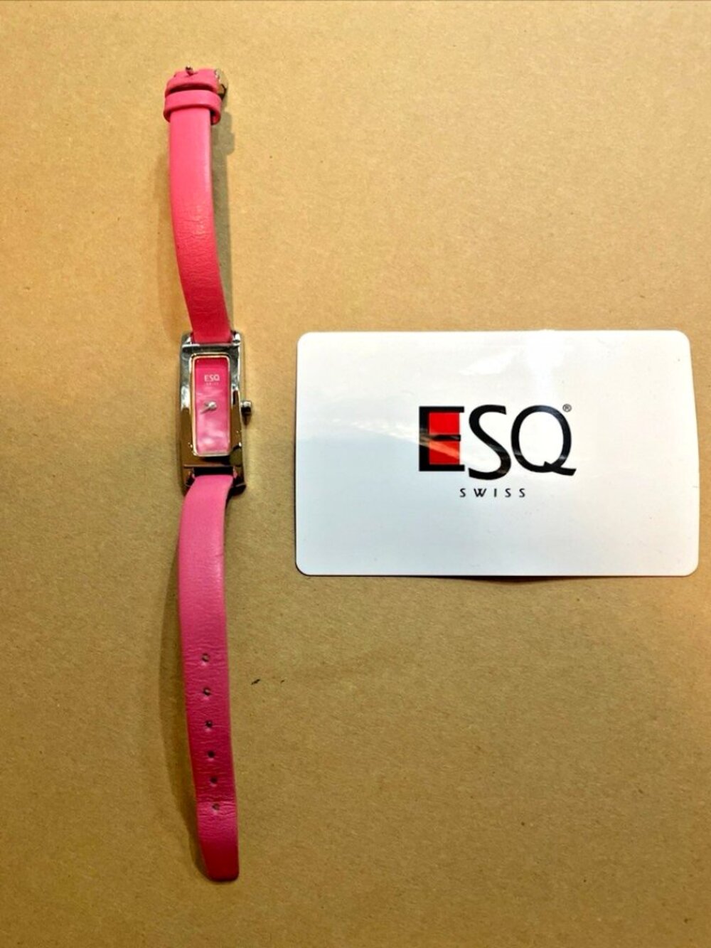 ESQ Movado Swiss Women's Rectangle Quartz Watch Pink Dial Leather Band New Batt